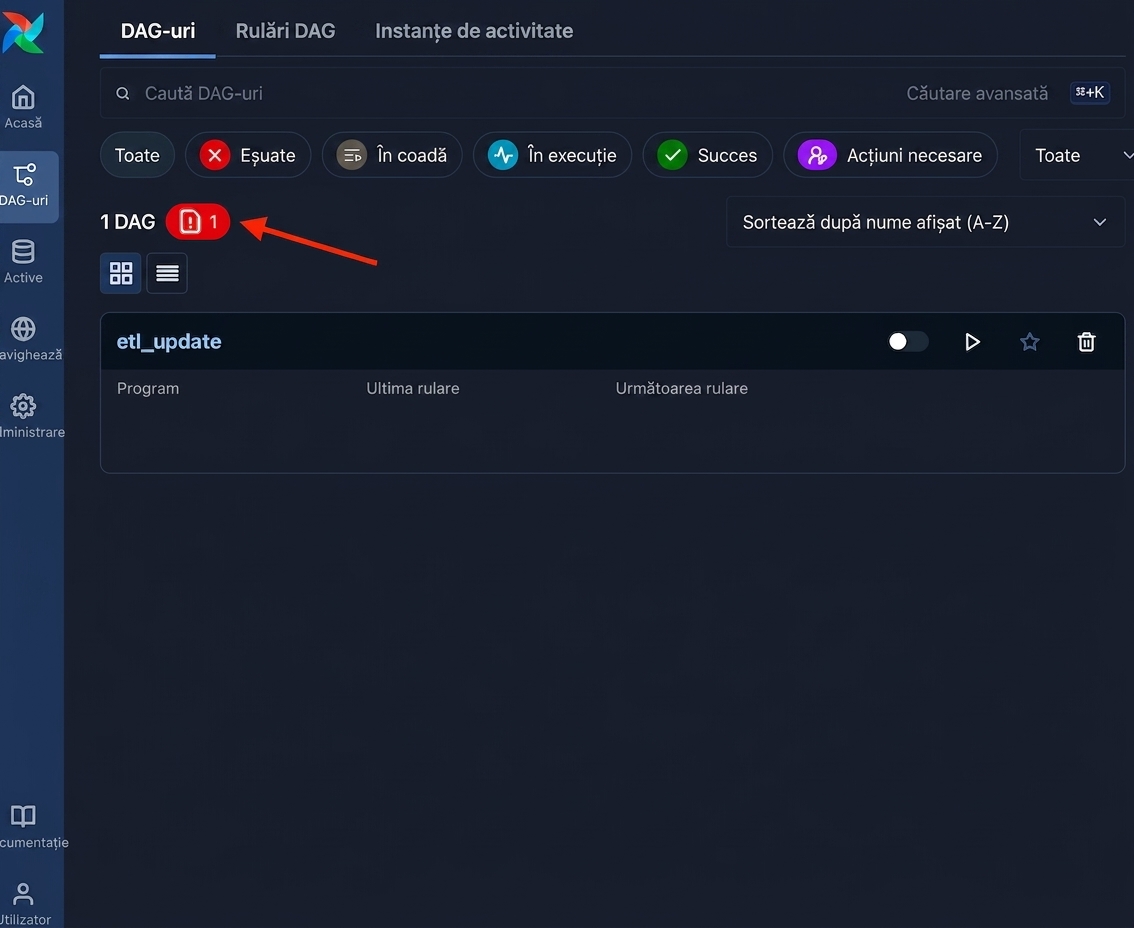 Vizualizarea Dags cu butonul de notificare pentru erori de import