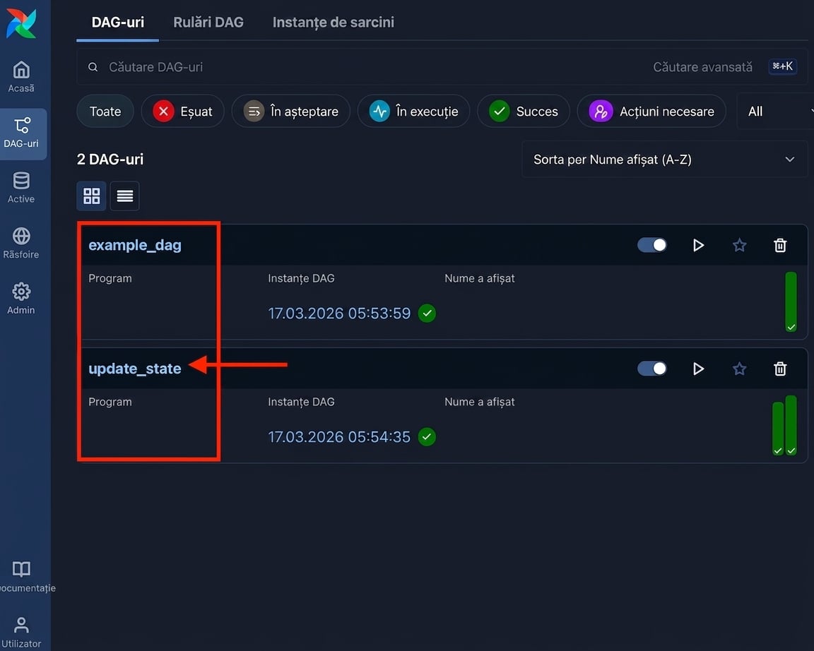 Vizualizarea Dags din Airflow cu linkul Dag update_state evidențiat