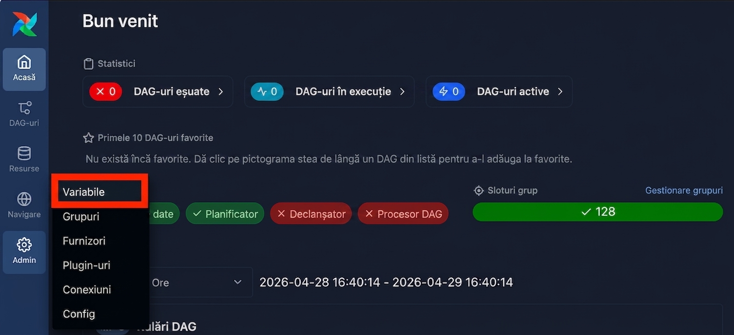 Interfața Airflow cu meniul Admin deschis, afișând opțiunea Variables