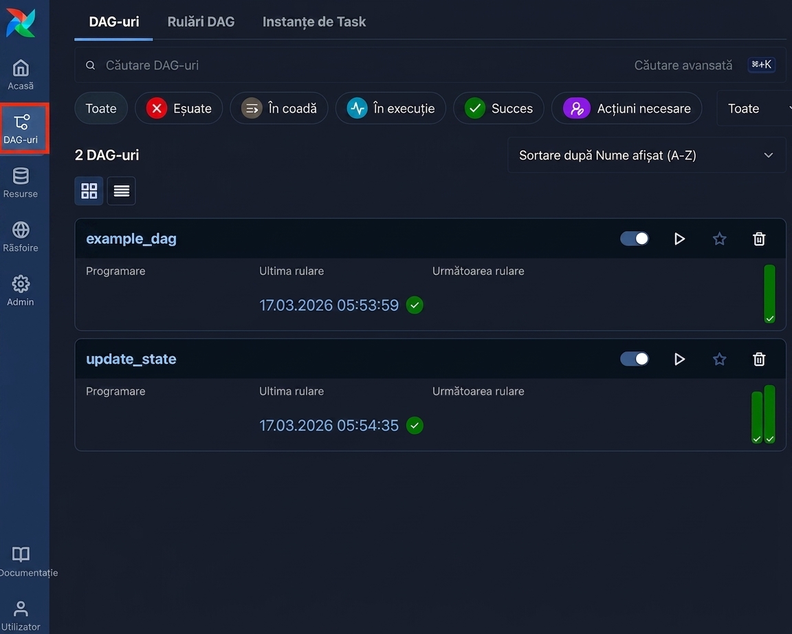 Pagina Dags view cu listarea tuturor Dag-urilor disponibile