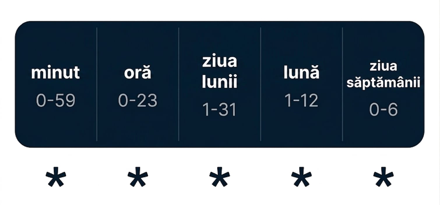Diagramă a sintaxei cron cu cele cinci câmpuri de timp separate prin spațiu