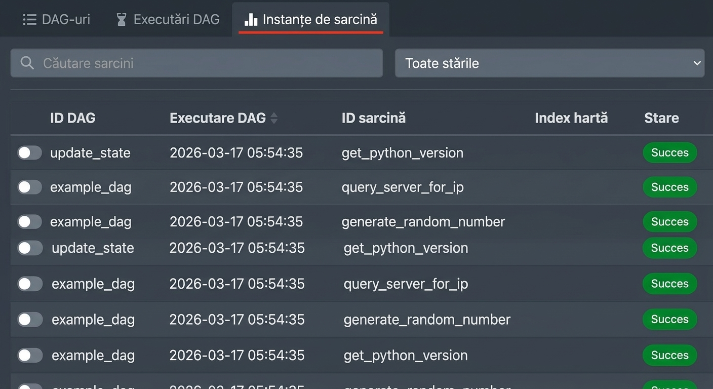 Pagina Task Instances cu listarea rulărilor de sarcini pentru toate Dag-urile