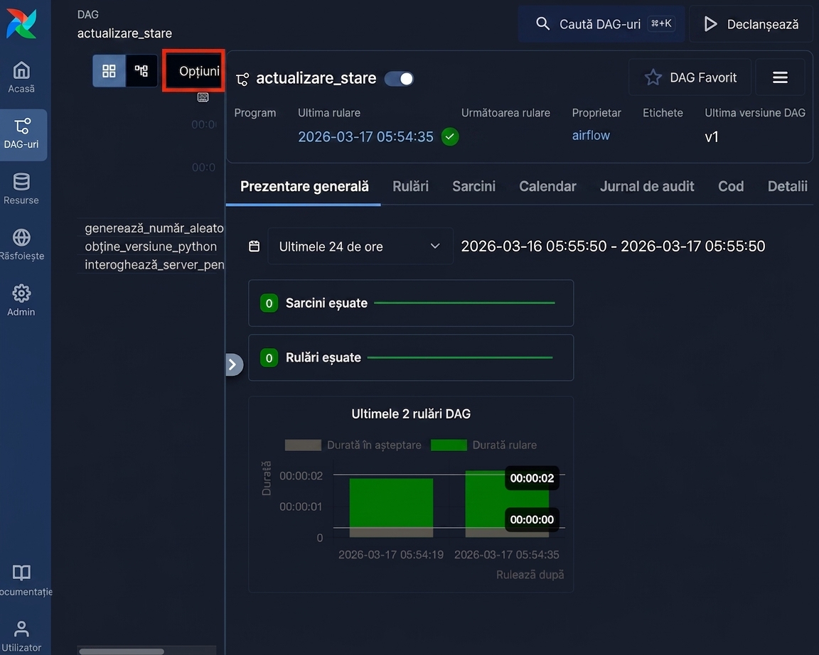 Vizualizarea grilă a Dag-ului update_state cu filele Grid, Graph și Code