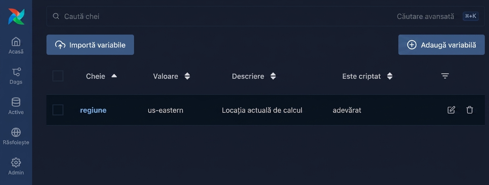 Pagina Variabile Airflow cu o variabilă definită în listă