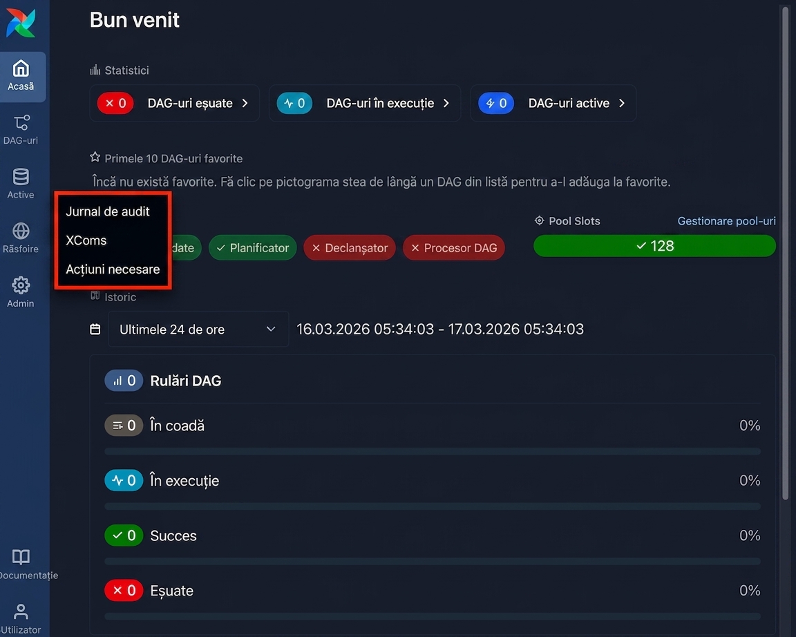 Interfața Airflow cu meniul Browse deschis și opțiunea audit log vizibilă