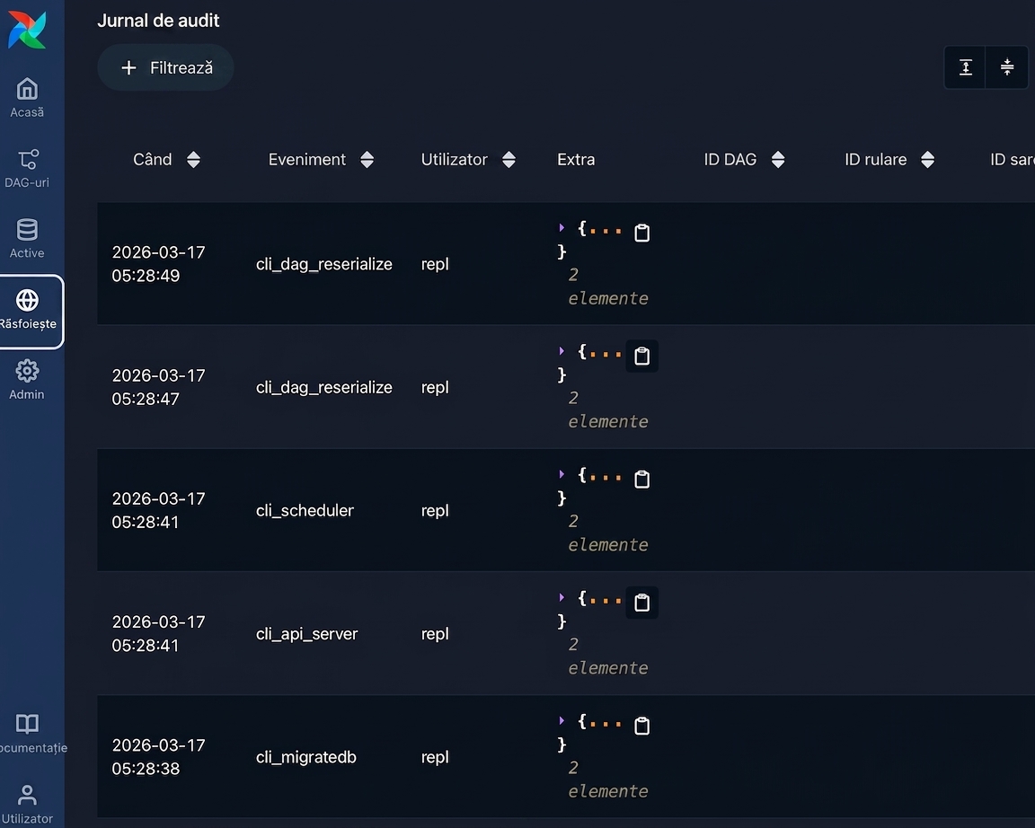 Pagina jurnalului de audit cu listarea evenimentelor de sistem pe tip