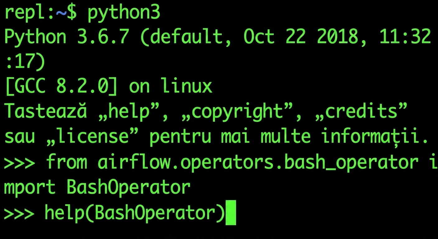 Terminal afișând ieșirea python3 help pentru un obiect Airflow