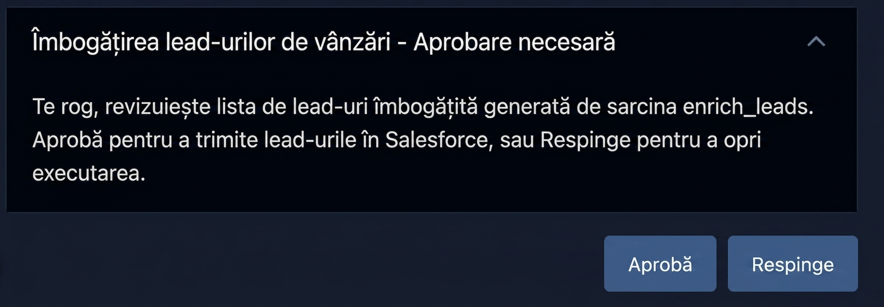 Interfața Airflow cu mesaj de aprobare și opțiunile Approve și Reject