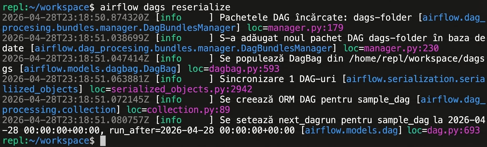 Terminal cu airflow dags reserialize pentru reîncărcarea forțată a unui Dag