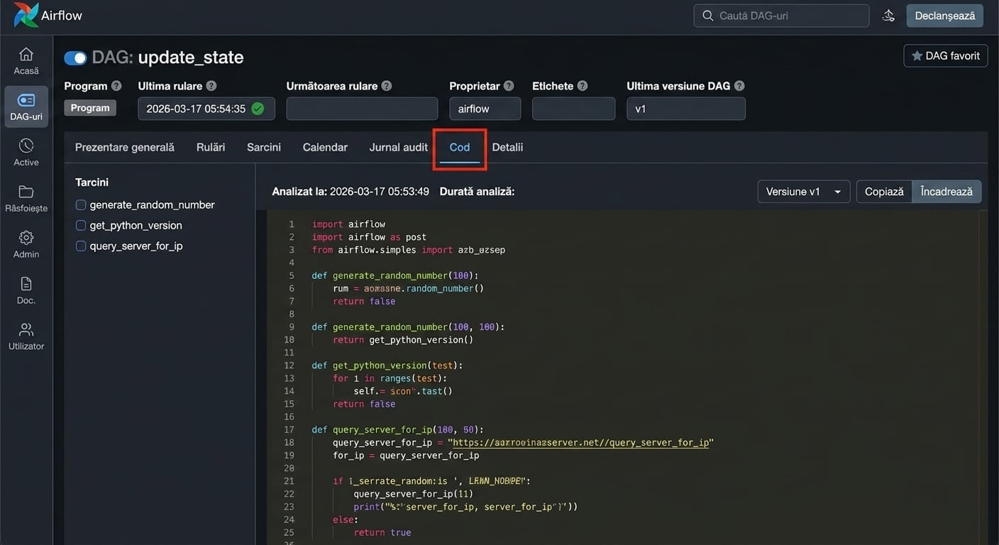 Vizualizarea codului Dag-ului cu sursa Python în mod citire-only care definește Dag-ul