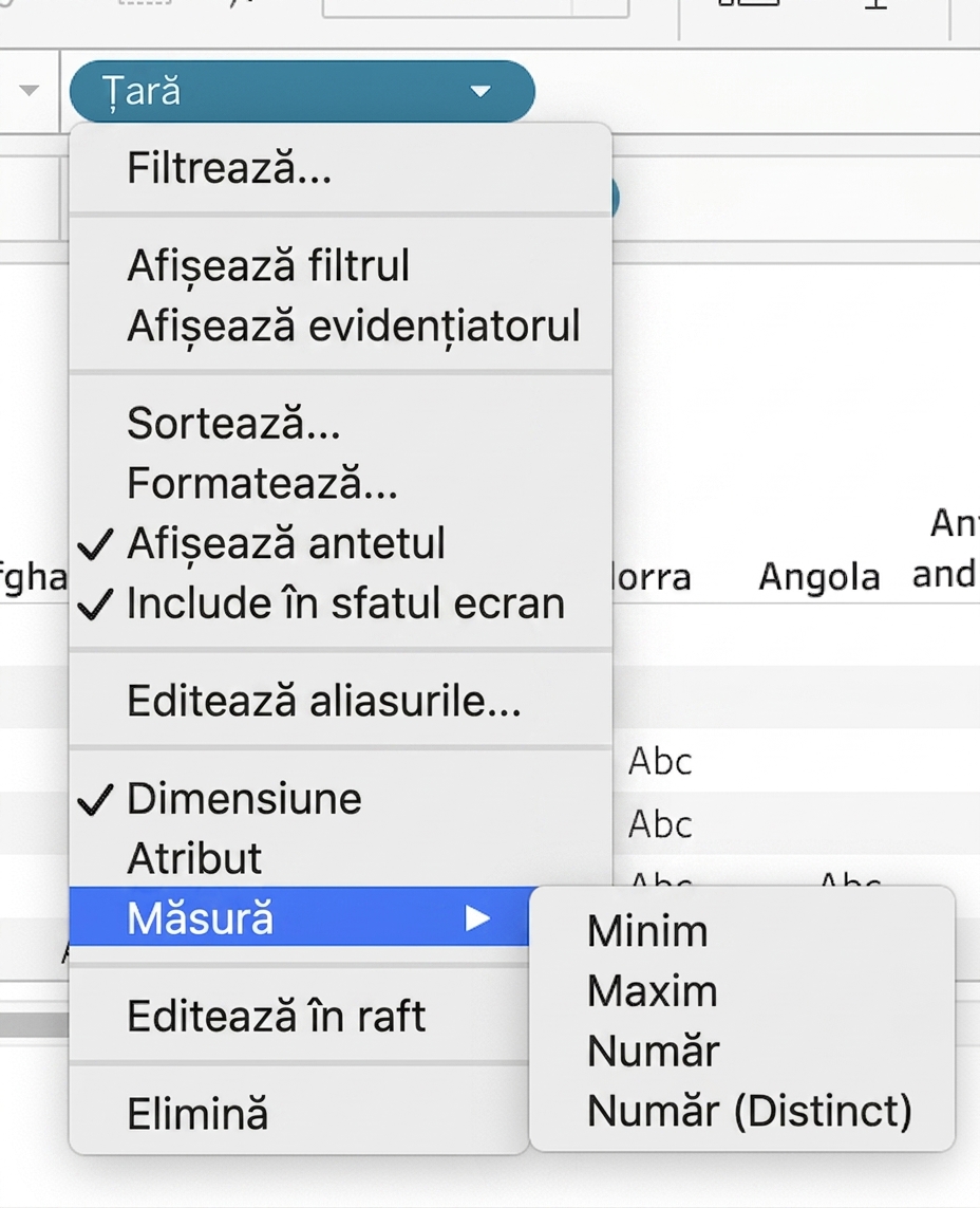 Meniu derulant Tableau pentru agregarea dimensiunilor