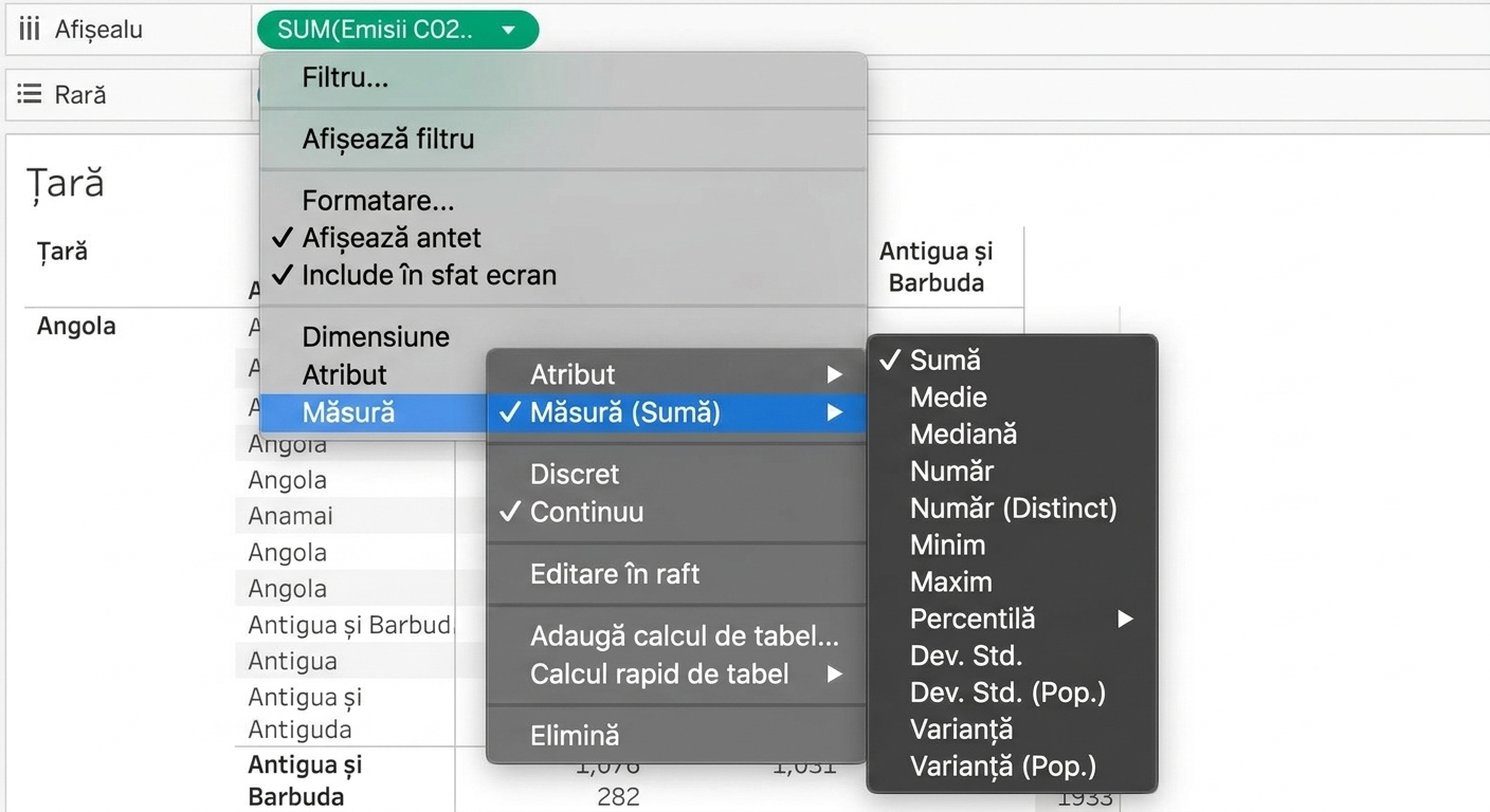 Meniu derulant Tableau pentru agregarea măsurilor
