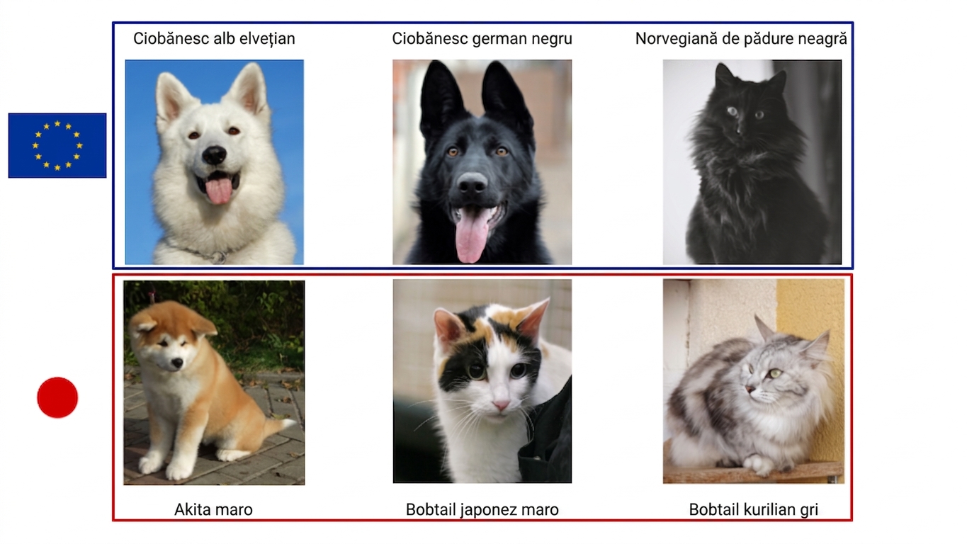 câini și pisici grupați pe origine