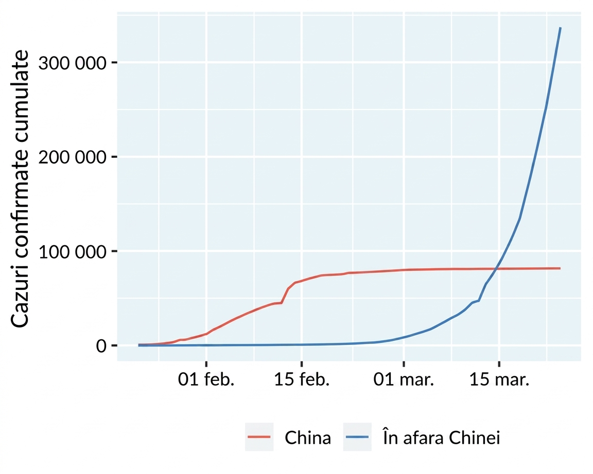 Grafic liniar al cazurilor COVID-19 în China și în afara Chinei