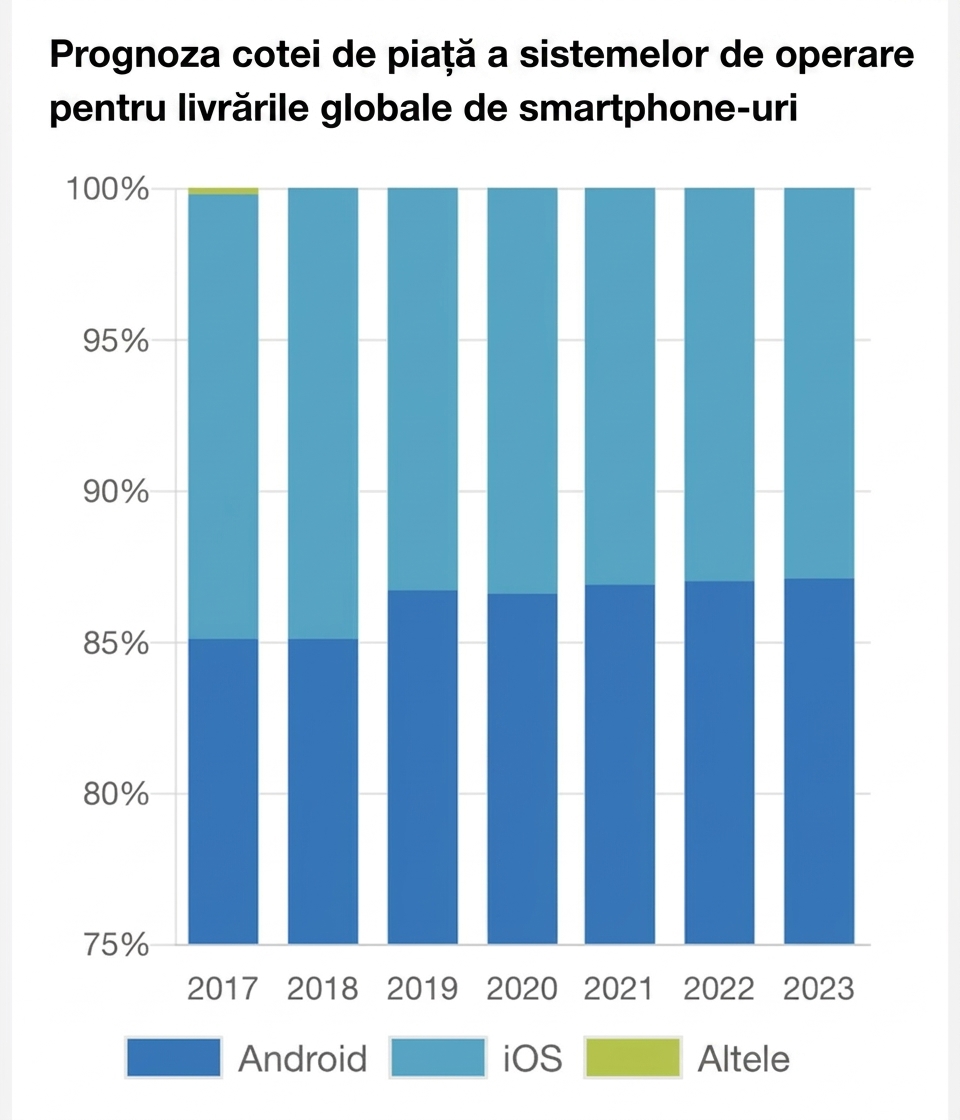 Diagramă cu bare suprapuse de la o companie de marketing, prezentând predicții privind cota de piață a sistemelor de operare mobile. Axa y începe de la 75% în loc de zero.