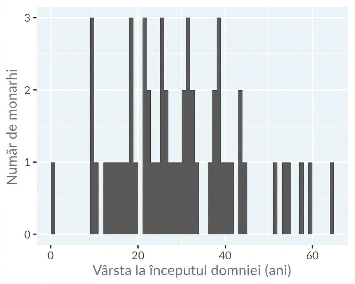 Histogramă a vârstei la urcarea pe tron a monarhilor englezi și britanici, cu o lățime de interval de 1 an.