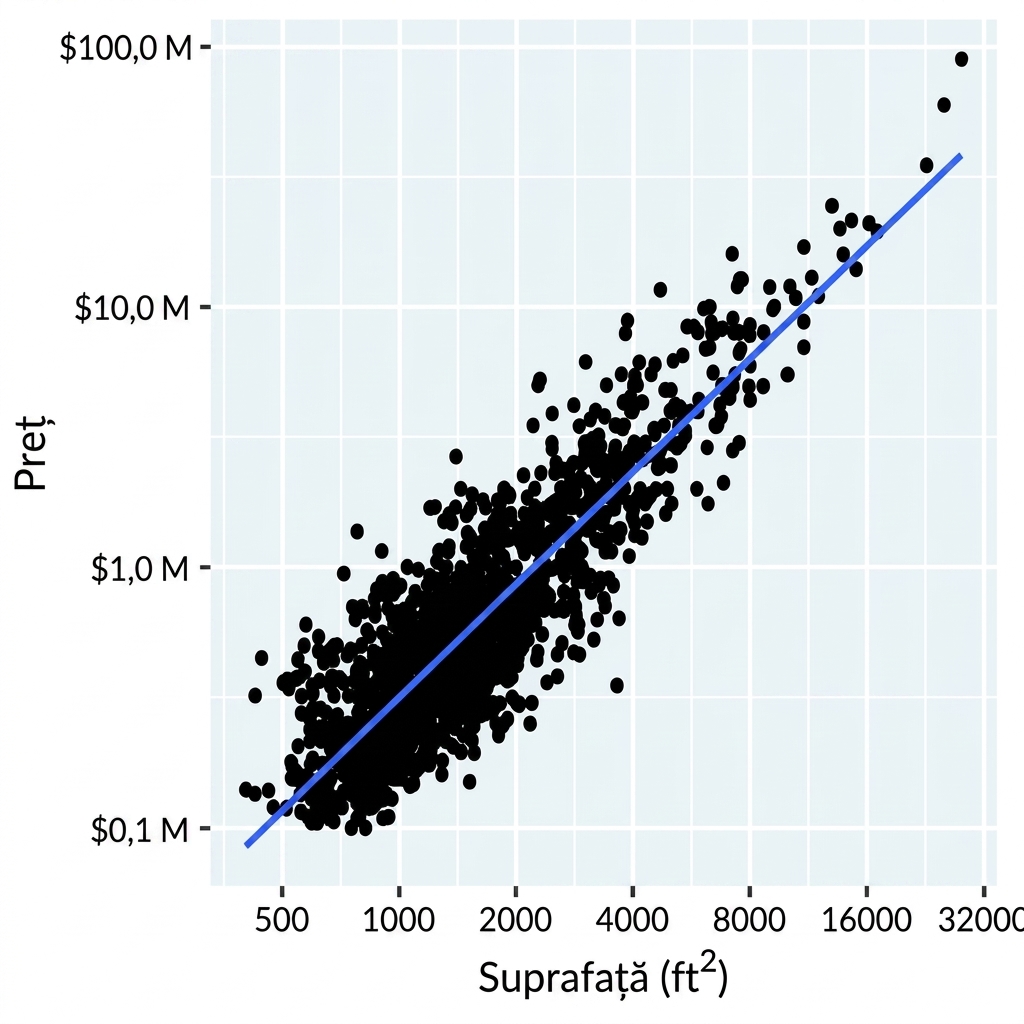 Diagramă de dispersie a prețurilor locuințelor din Los Angeles față de suprafața acestora, cu scale logaritmice pe axele x și y. A fost adăugată o linie de tendință liniară, care se potrivește bine.