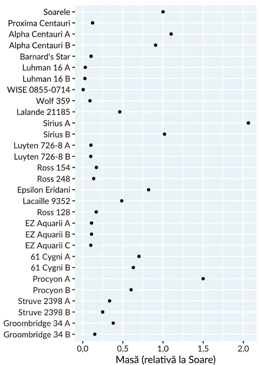 O diagramă cu puncte a masei stelelor apropiate față de Soare. Stelele sunt ordonate de la cea mai apropiată la cea mai îndepărtată.