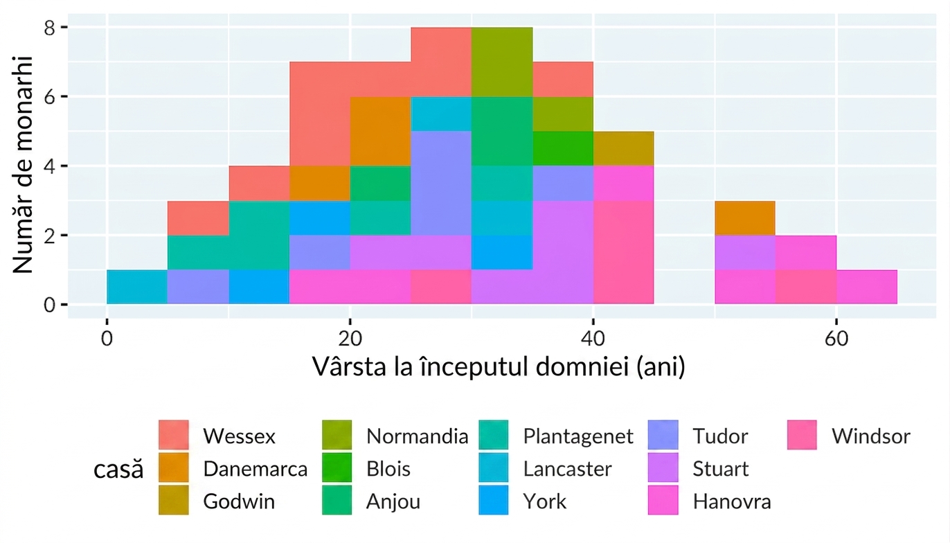 Histogramă a vârstei la preluarea puterii pentru regii și reginele englezi, colorată după casa regală. Arată ca un monstru informe dintr-un joc video din anii '80.