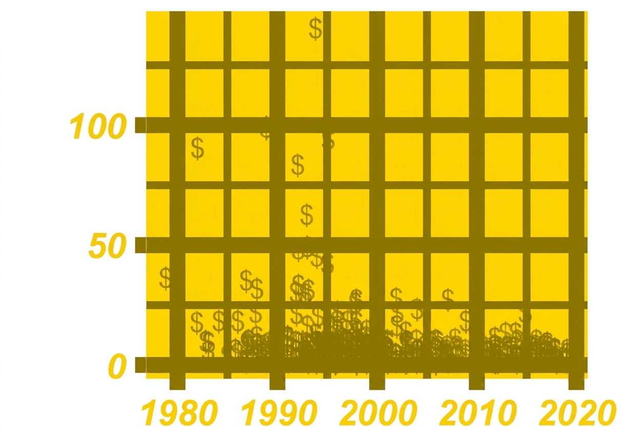A scatter plot of critically acclaimed hip-hop songs over time, with added bling, such as a gold background and dollar signs instead of points.
