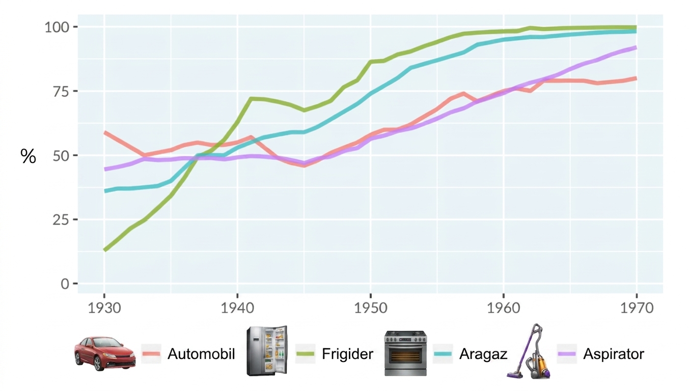 A line plot of technology adoption by households in the United States. The x-axis runs from 1930 to 1970, and the y-axis runs from 0 to 100 percent. There are four lines representing adoption of automobiles, refrigerators, stoves, and vacuums.