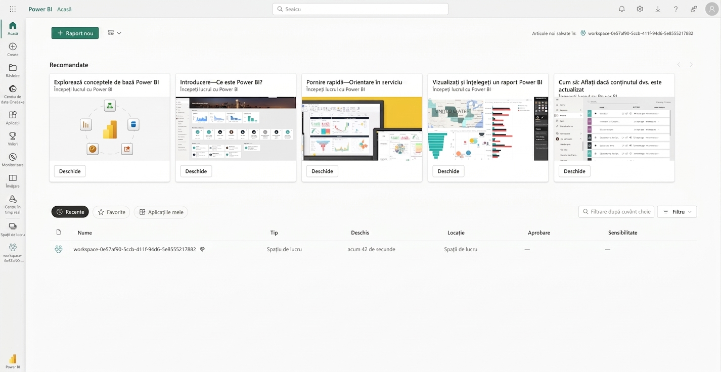 Pagina principală după autentificarea în Power BI Service