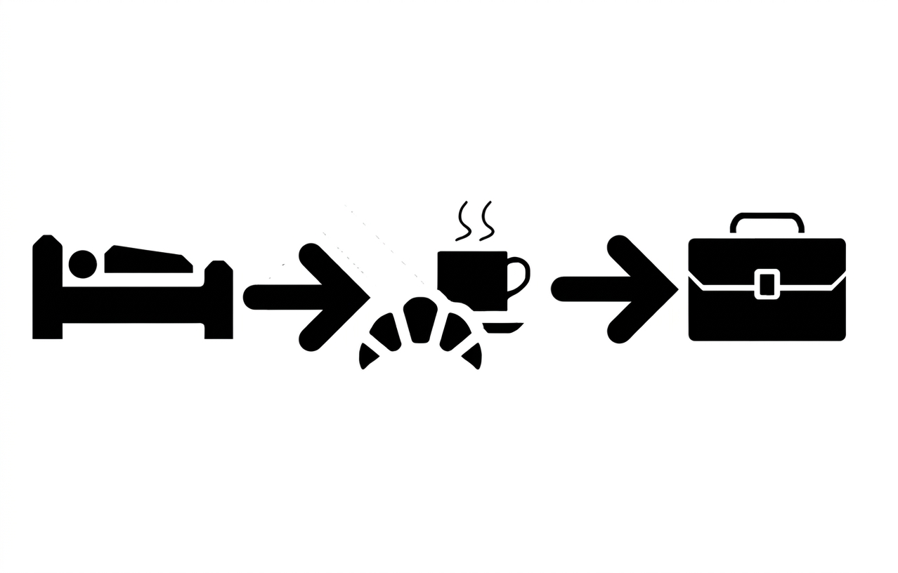 pictograme reprezentând o persoană în pat, o cafea și o servietă