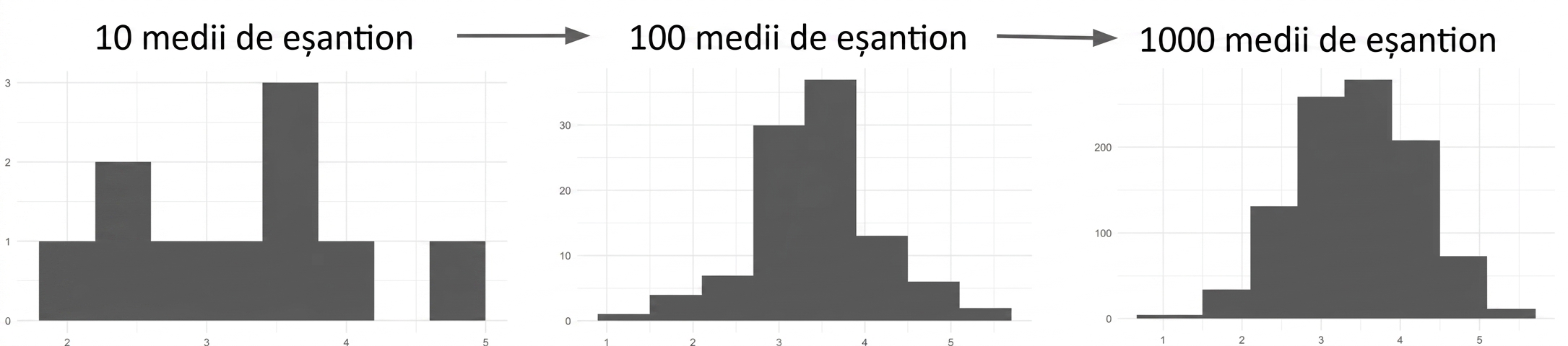 histograme pentru 10, 100 și 1000 de medii de eșantioane, distribuția devenind mai apropiată de curba în clopot odată cu creșterea numărului