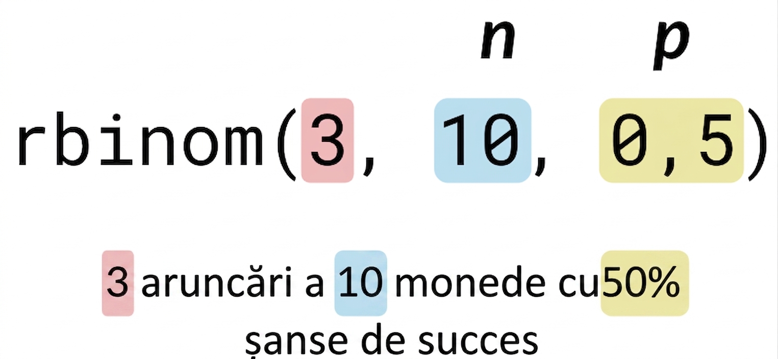 rbinom(3, 10, 0.5) cu 3 în roșu, 10 în albastru, 0.5 în galben. Text: 3 (în roșu) aruncări a 10 (în albastru) monede cu 50% (în galben) șansă de succes. n este scris deasupra lui 10 în albastru, iar p deasupra lui 0.5 în galben.