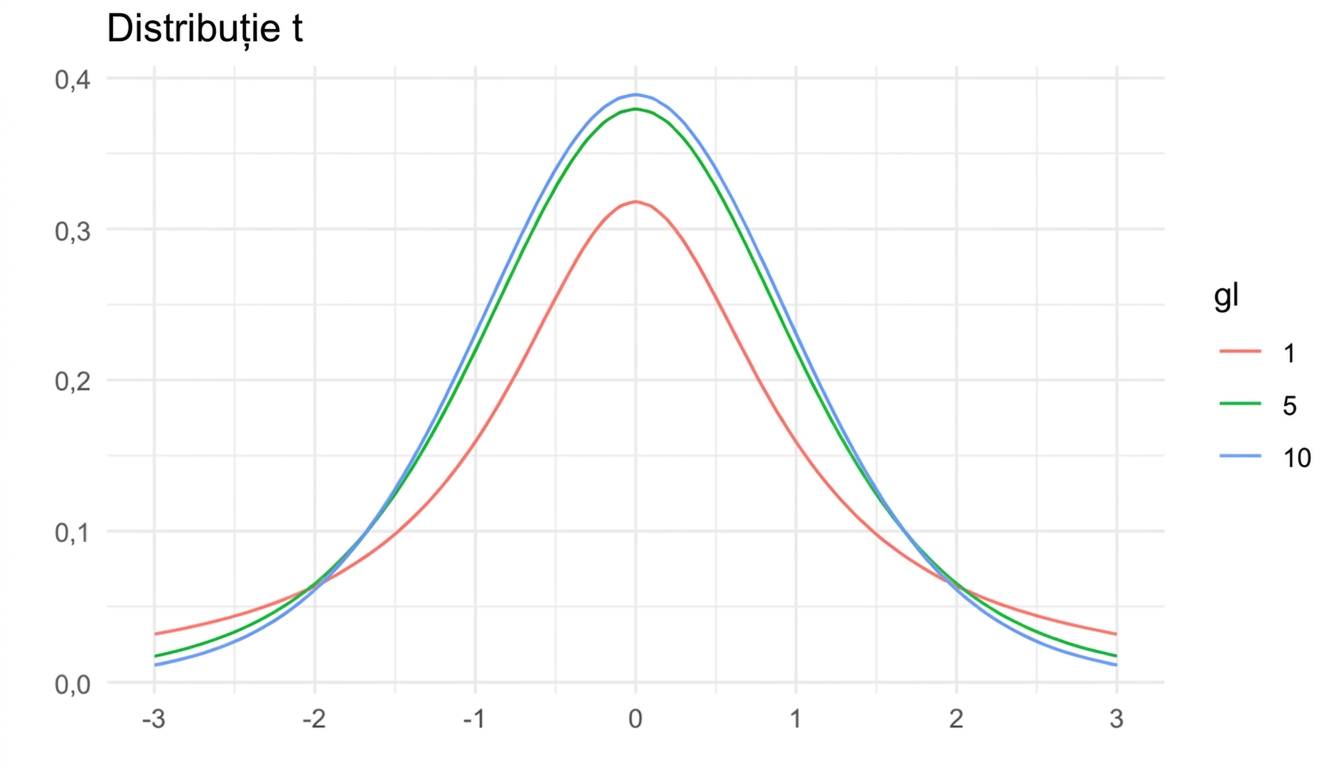3 distribuții t cu df = 1, df = 5 și df = 10