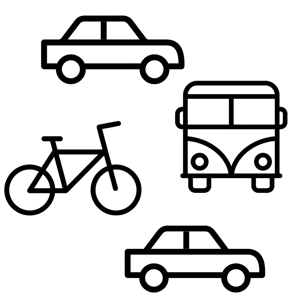2 mașini, 1 autobuz, 1 bicicletă