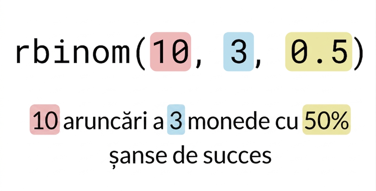 rbinom(10, 3, 0.5) cu 10 în roșu, 3 în albastru, 0.5 în galben. Text: 10 (în roșu) aruncări a 3 (în albastru) monede cu 50% (în galben) șansă de succes