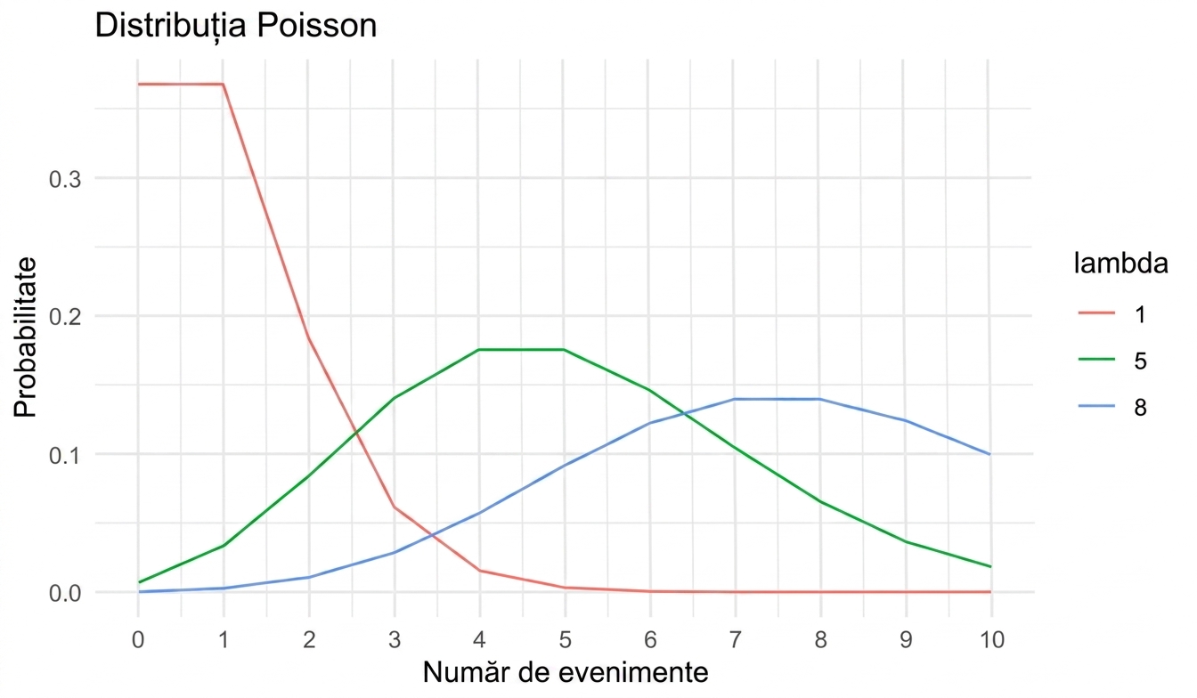 3 distribuții Poisson: una cu lambda = 1, una cu lambda = 5 și una cu lambda = 8