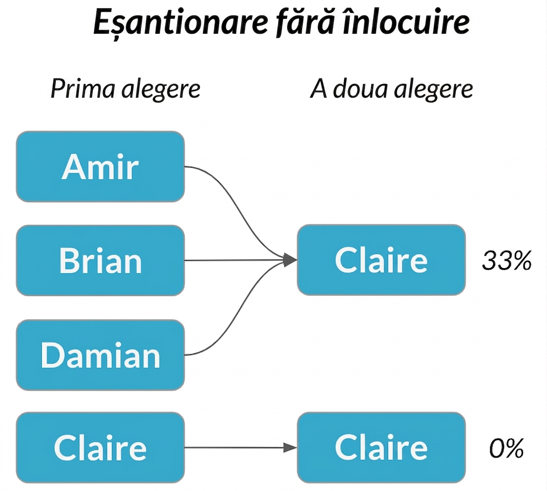 Amir, Brian și Damian din prima coloană indică spre Claire din a doua coloană cu probabilitate 33%