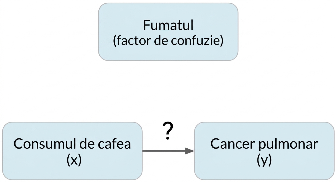 Consumul de cafea (x) indică cancerul pulmonar (y), cu fumatul (confounder) deasupra