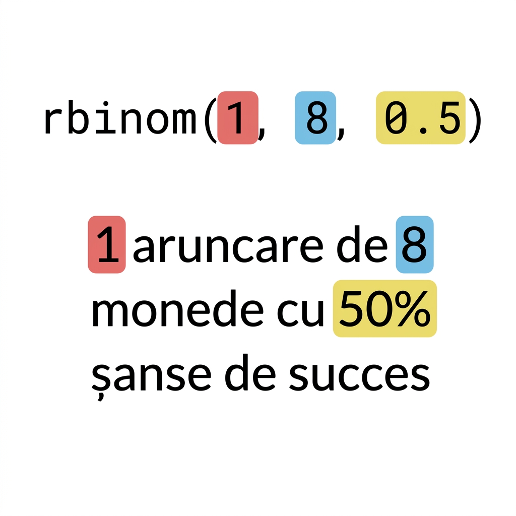 rbinom(1, 8, 0.5) cu 1 în roșu, 8 în albastru, 0.5 în galben. Text: 1 (în roșu) aruncare a 8 (în albastru) monede cu 50% (în galben) șansă de succes