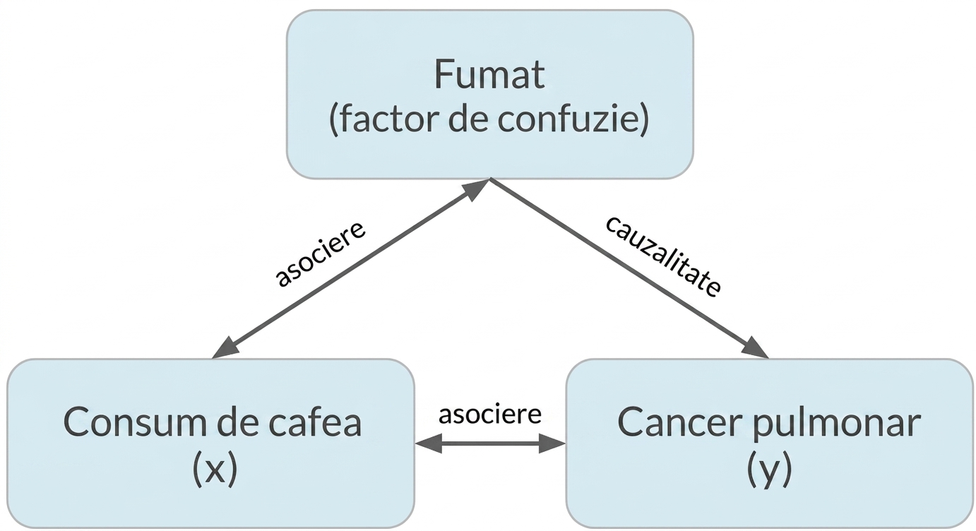 Consumul de cafea (x) cu săgeată dublă către cancerul pulmonar (y), etichetată „asociere". Săgeată dublă între fumat și cafea, etichetată „asociere". Săgeată de la fumat la cancer pulmonar, etichetată „cauzalitate".