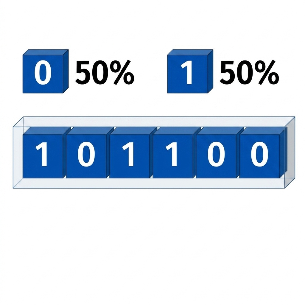 Cutie cu bilete cu 3 zerouri și 3 unu. 50% șansă de 0, 50% șansă de 1