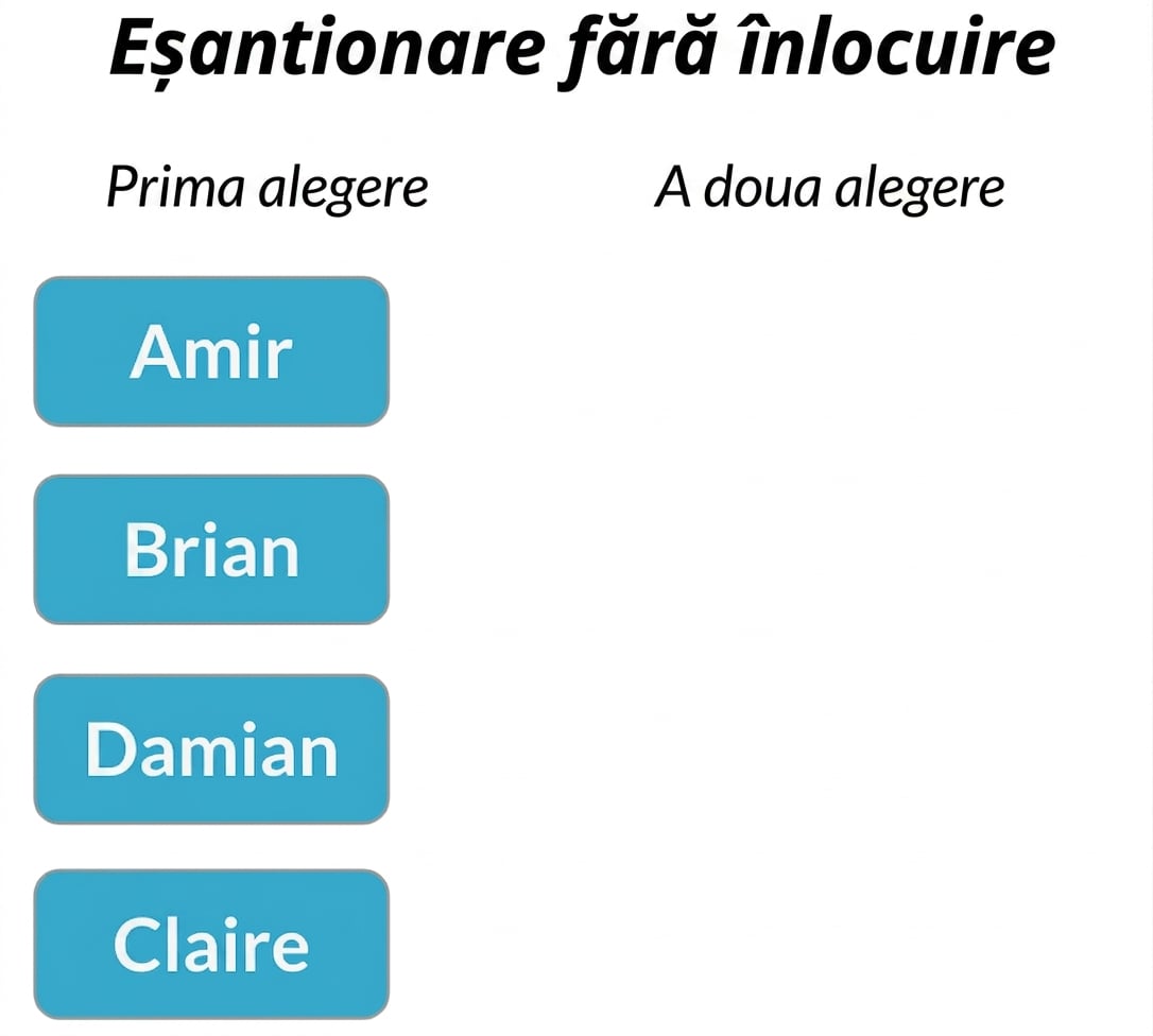 Două coloane: Prima extragere conține Amir, Brian, Claire, Damian. A doua extragere este goală
