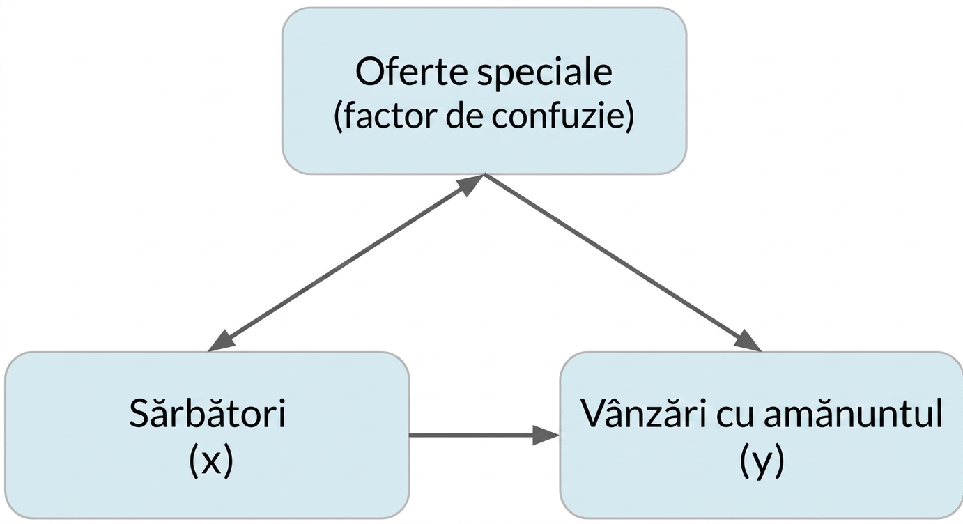 Sărbătorile (x) indică vânzările cu amănuntul (y). Ofertele speciale (confounder) au săgeată dublă spre sărbători și săgeată simplă spre vânzări.