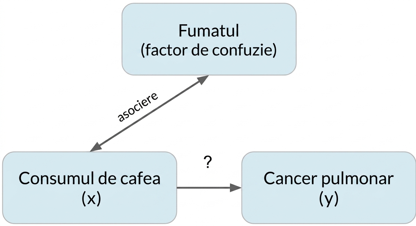 Consumul de cafea (x) indică cancerul pulmonar (y) cu fumatul (confounder). Săgeată dublă între fumat și cafea, etichetată „asociere".