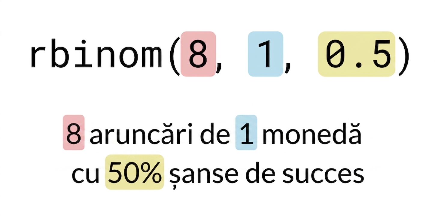 rbinom(8, 1, 0.5) cu 8 în roșu, 1 în albastru, 0.5 în galben. Text: 8 (în roșu) aruncări a 1 (în albastru) monedă cu 50% (în galben) șansă de succes