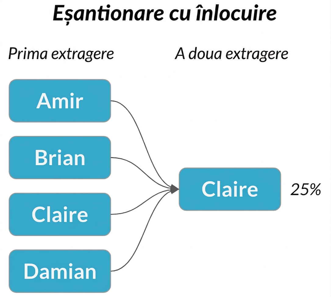 Săgeți de la fiecare nume din coloana primei extrageri indică spre Claire în a doua coloană, cu probabilitate 25%