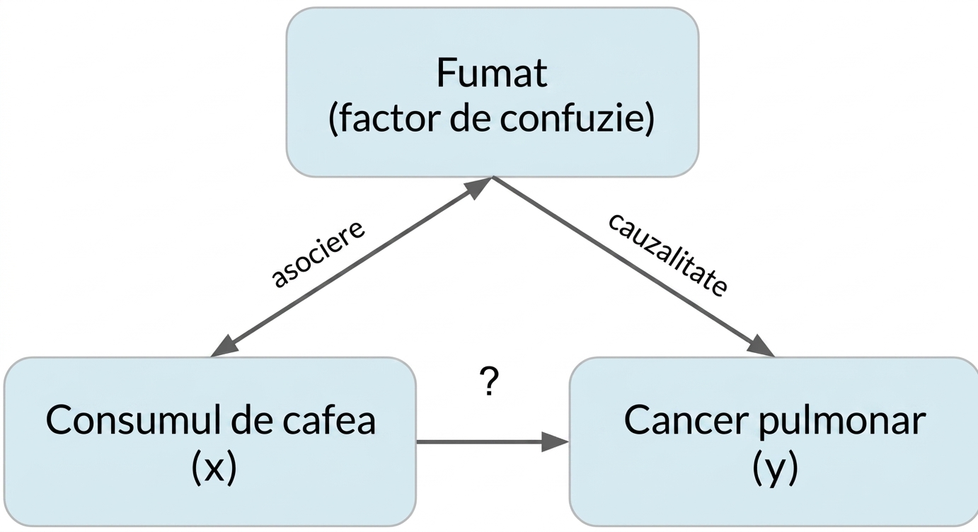 Consumul de cafea (x) indică cancerul pulmonar (y) cu fumatul (confounder). Săgeată dublă între fumat și cafea, etichetată „asociere". Săgeată de la fumat la cancer pulmonar, etichetată „cauzalitate"