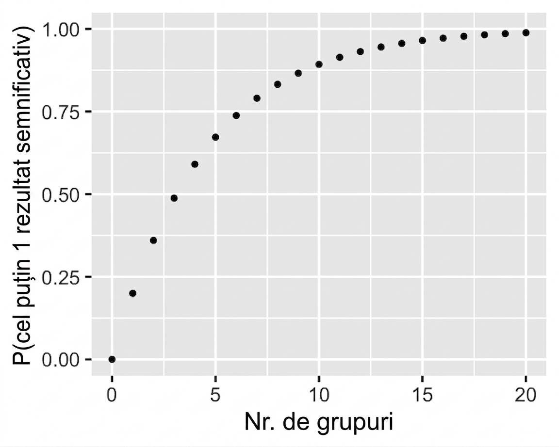 Grafic scatter care arată probabilitatea de a obține cel puțin un rezultat semnificativ față de numărul de grupuri. Pe măsură ce numărul de grupuri crește, probabilitatea crește.
