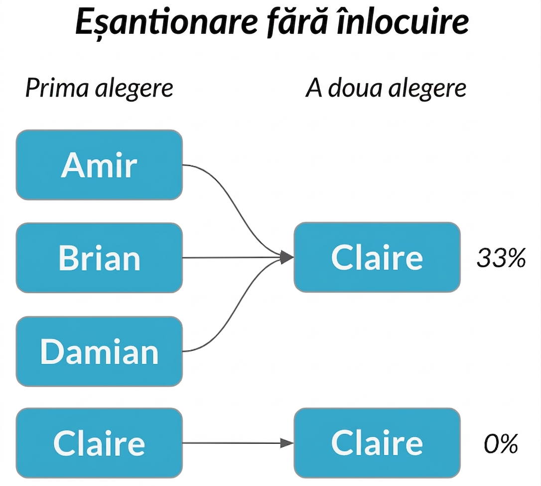 Amir, Brian și Damian din prima coloană indică spre Claire din a doua coloană cu probabilitate 33%