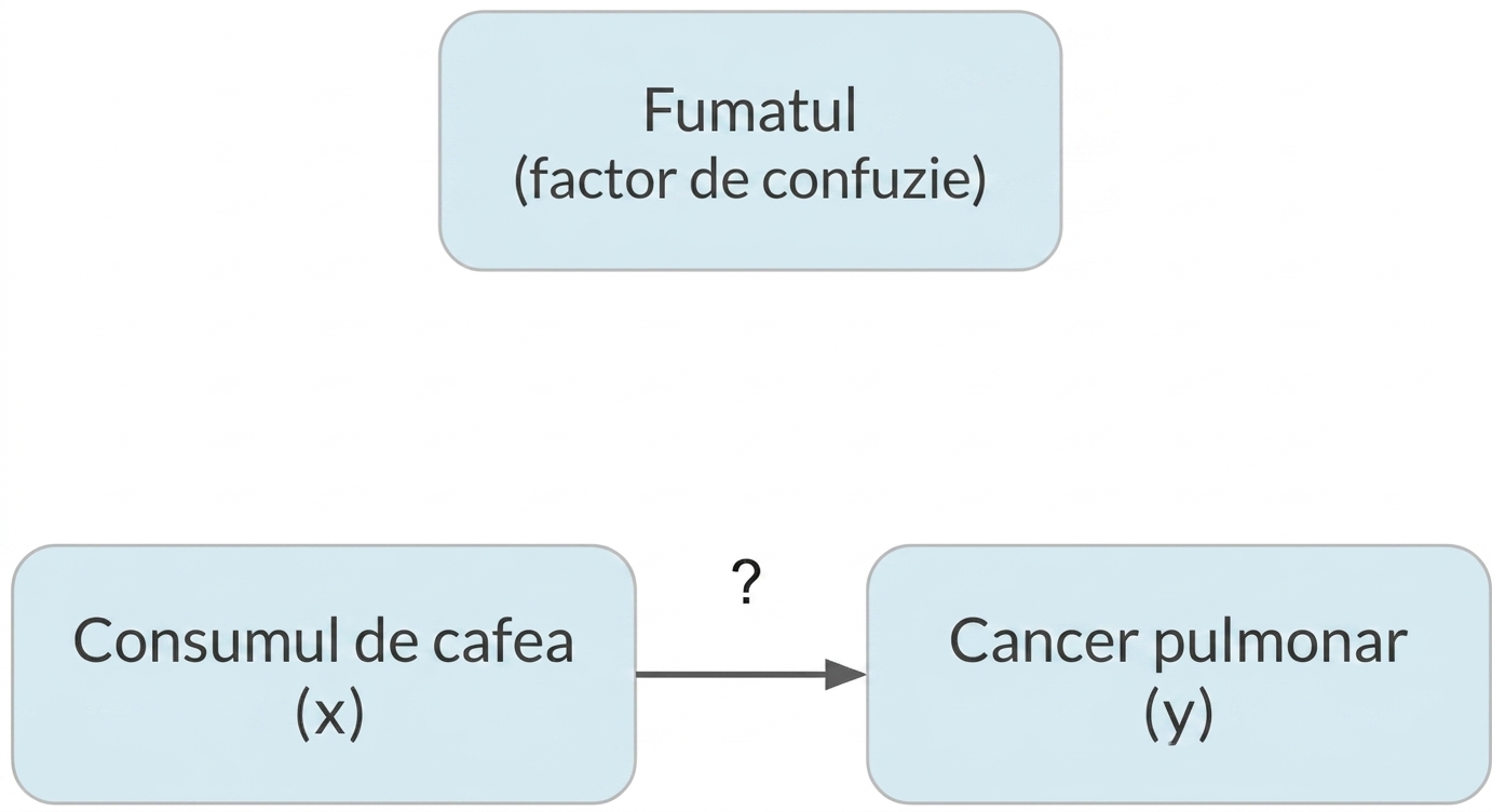 Consumul de cafea (x) indicând spre cancer pulmonar (y), cu fumatul (factor de confuzie) deasupra