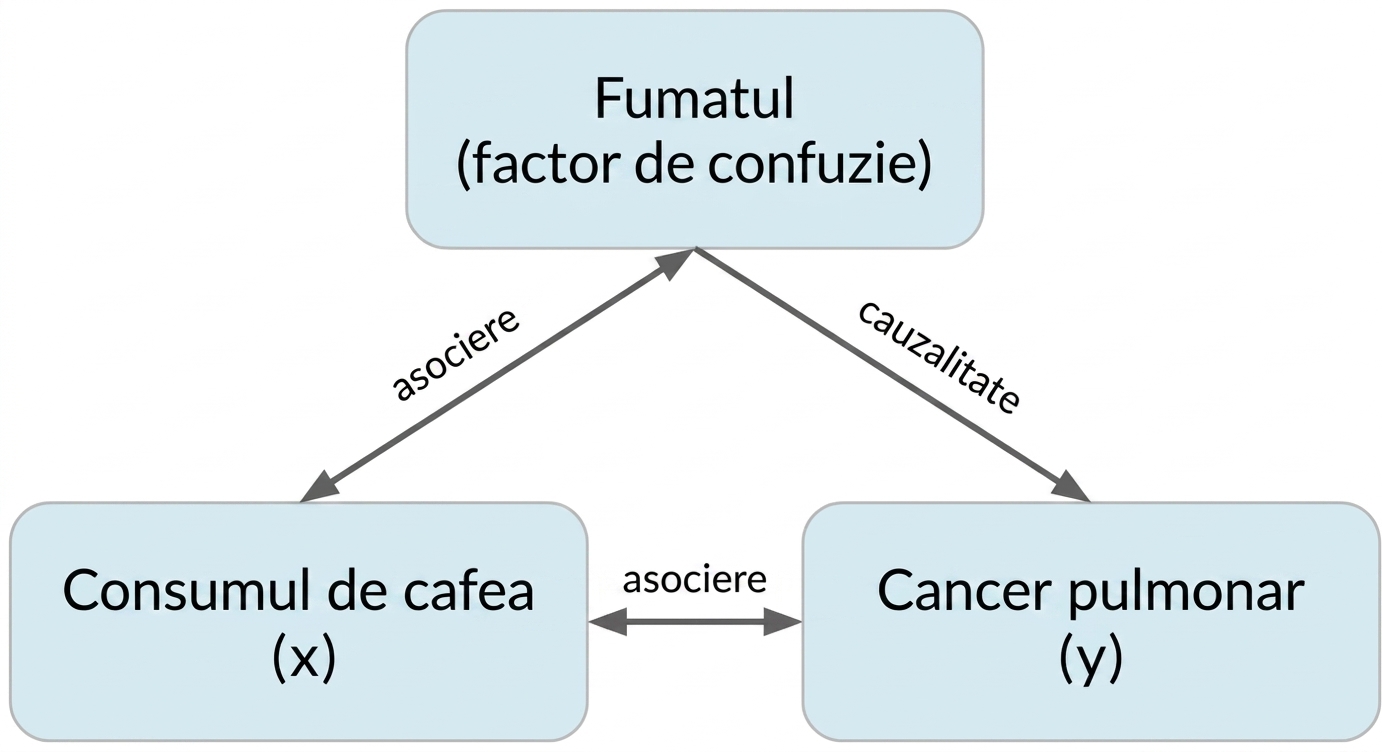 Consumul de cafea (x) cu săgeată dublă spre cancer pulmonar (y), etichetată „asociere". Săgeată dublă între fumat și consumul de cafea, etichetată „asociere". Săgeată de la fumat la cancer pulmonar, etichetată „cauzalitate".