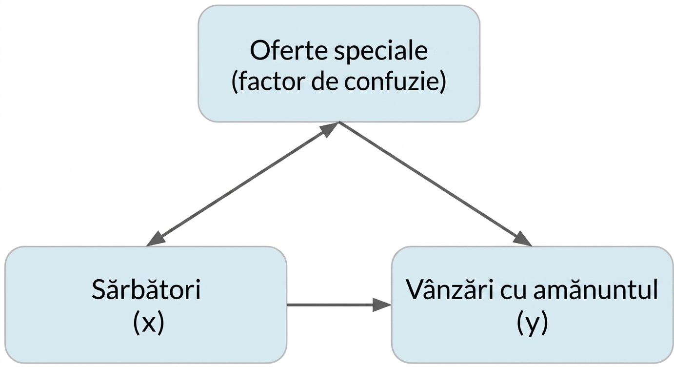 Sărbătorile (x) indică spre vânzările cu amănuntul (y). Ofertele speciale (factor de confuzie) au săgeată dublă spre sărbători și săgeată simplă spre vânzările cu amănuntul.