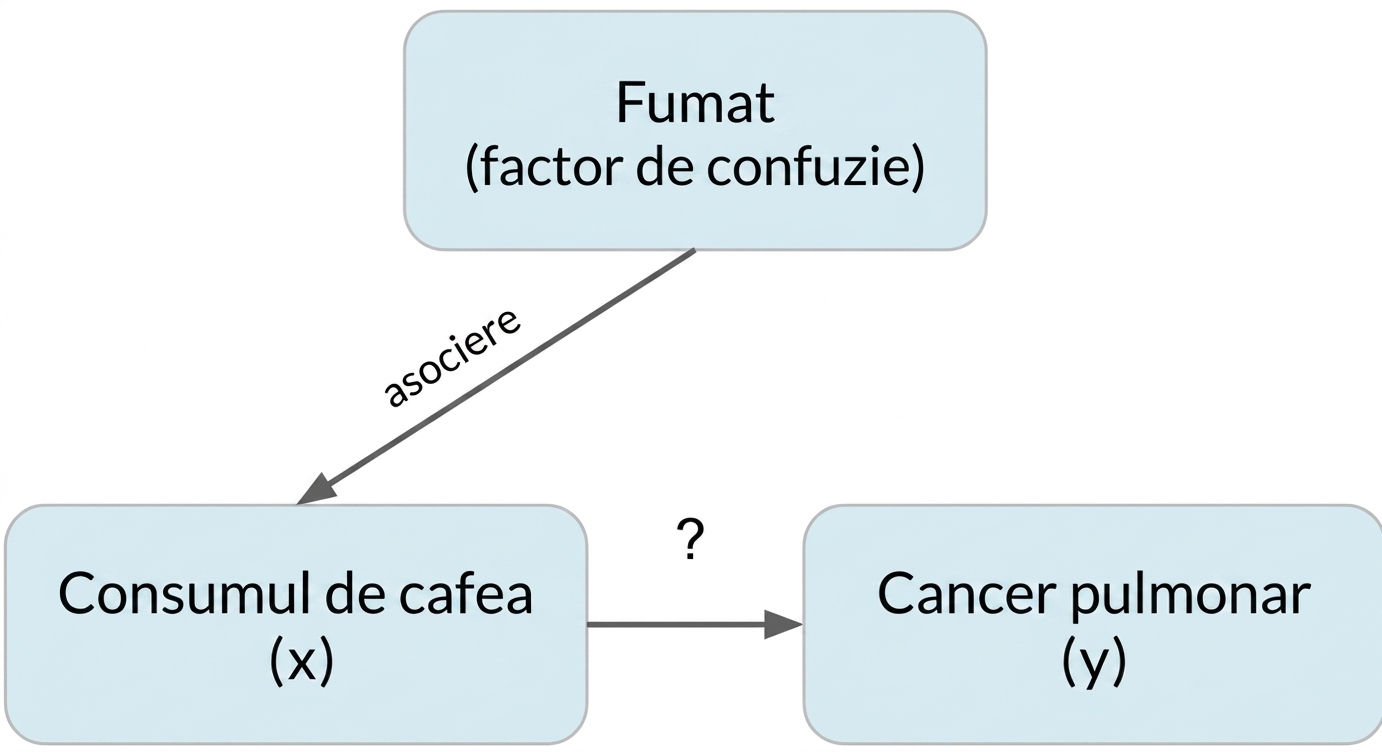 Consumul de cafea (x) indicând spre cancer pulmonar (y), cu fumatul (factor de confuzie). Săgeată dublă între fumat și consumul de cafea, etichetată „asociere".